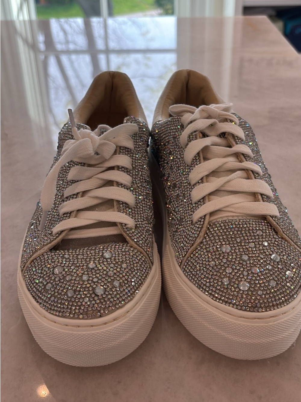 Betsey Johnson White Crystal-Embellished Platform Sneakers
